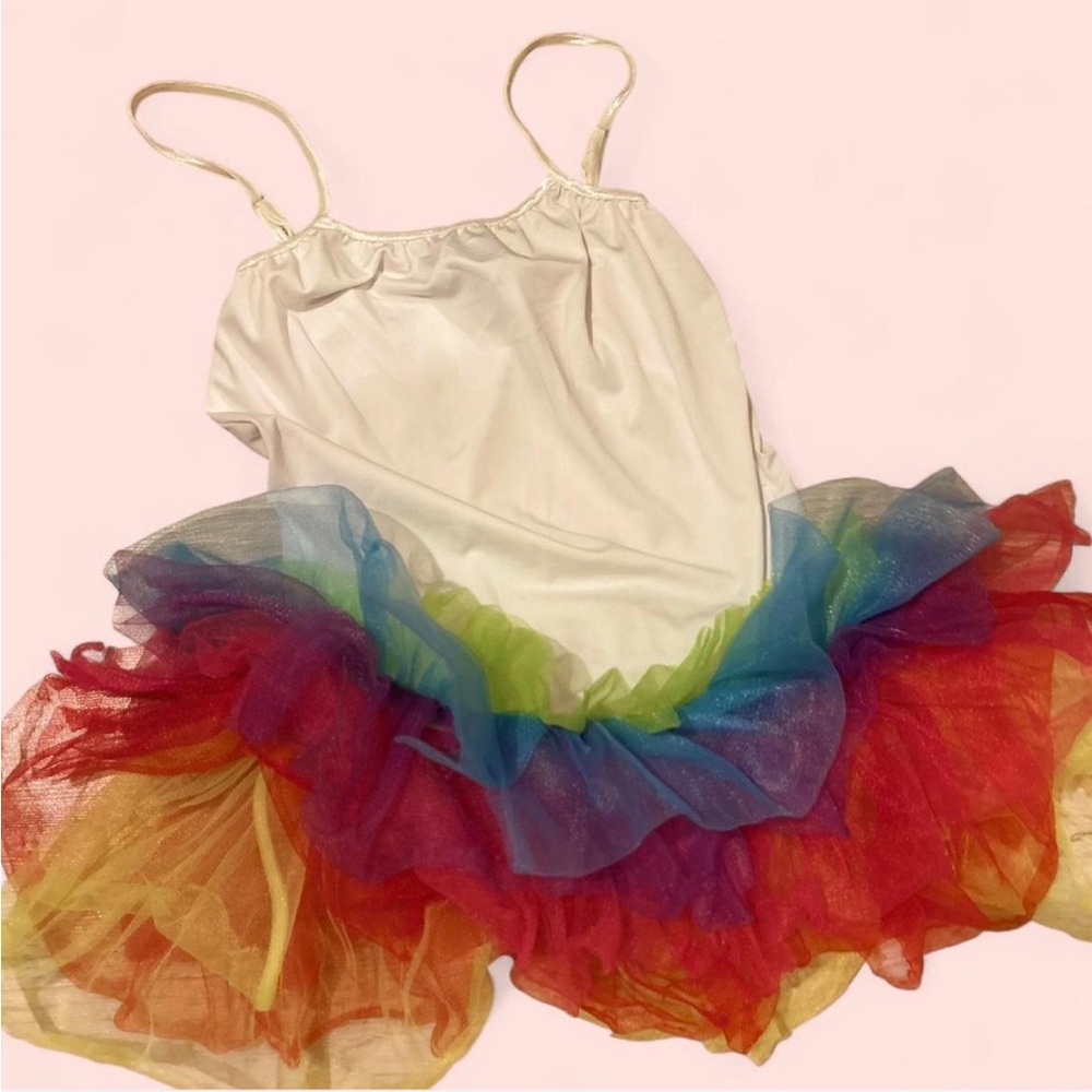 Rare Whimsy rainbow tutu unicorn dress with white top and adjustable straps!🦄